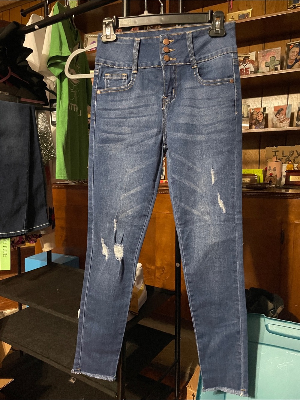 Mid-Rise Distressed Skinny Jeans in Blue